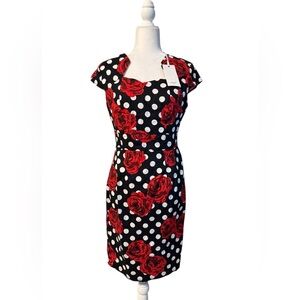 Vintage Elegant Red Floral Polka Dot Dress